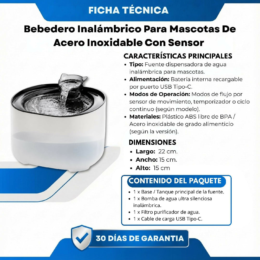 Bebedero Inalámbrico Para Mascotas Con Sensor Filtro Multicapa Y Gran Capacidad