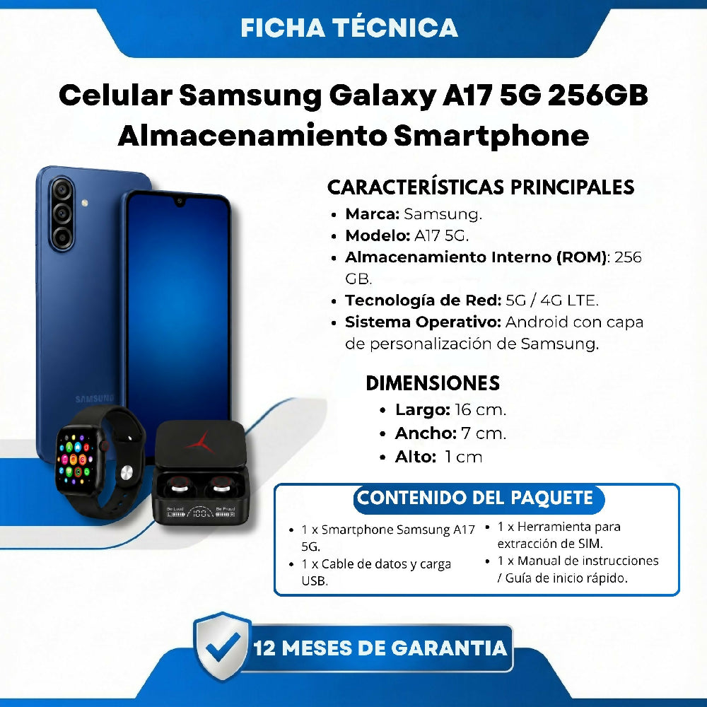 Celular Samsung A17 256GB 4G + Obsequio Audífonos Y Smartwatch Azul