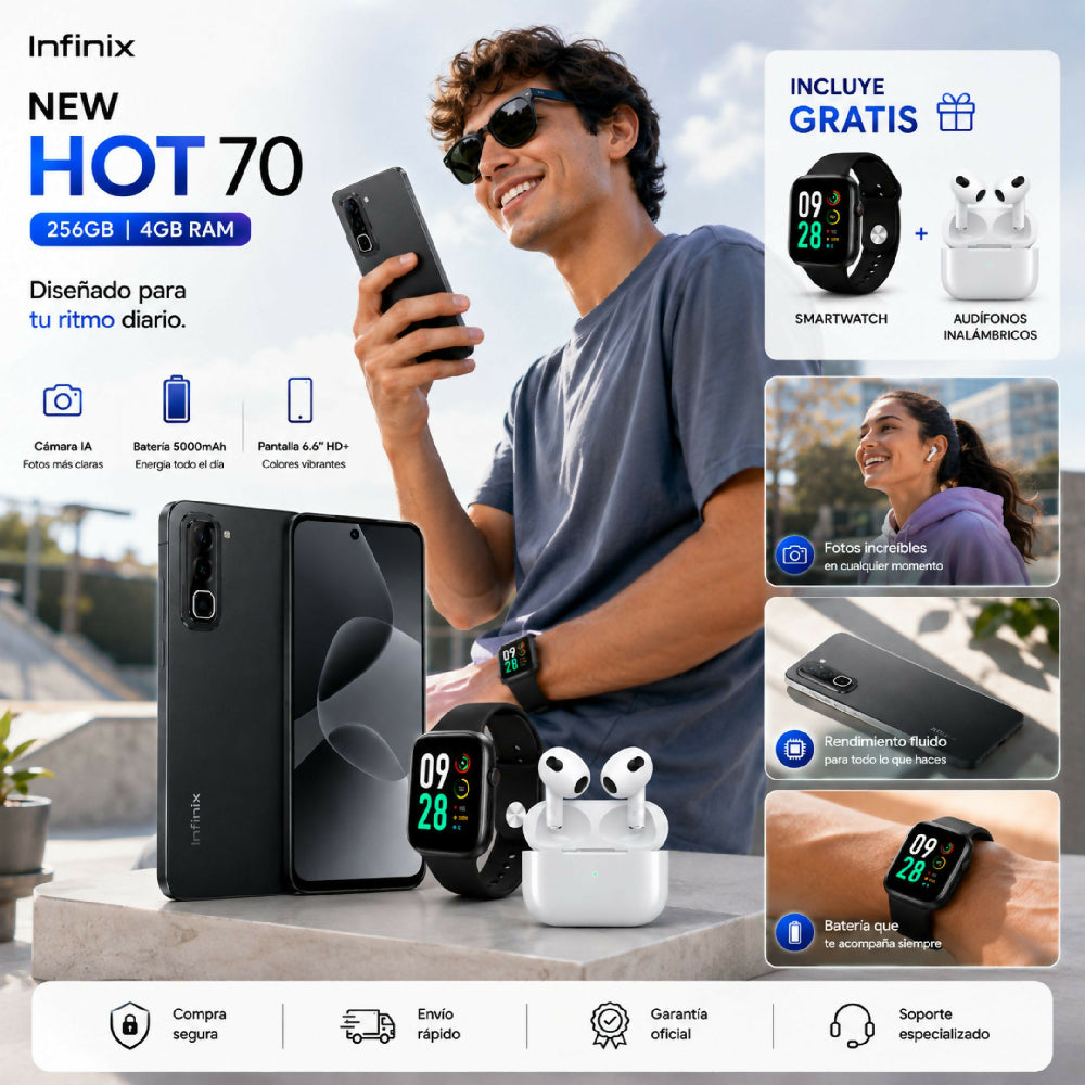 Celular Infinix Hot 70 256GB 4GB RAM Negro + Obsequio De Audífonos Y Reloj