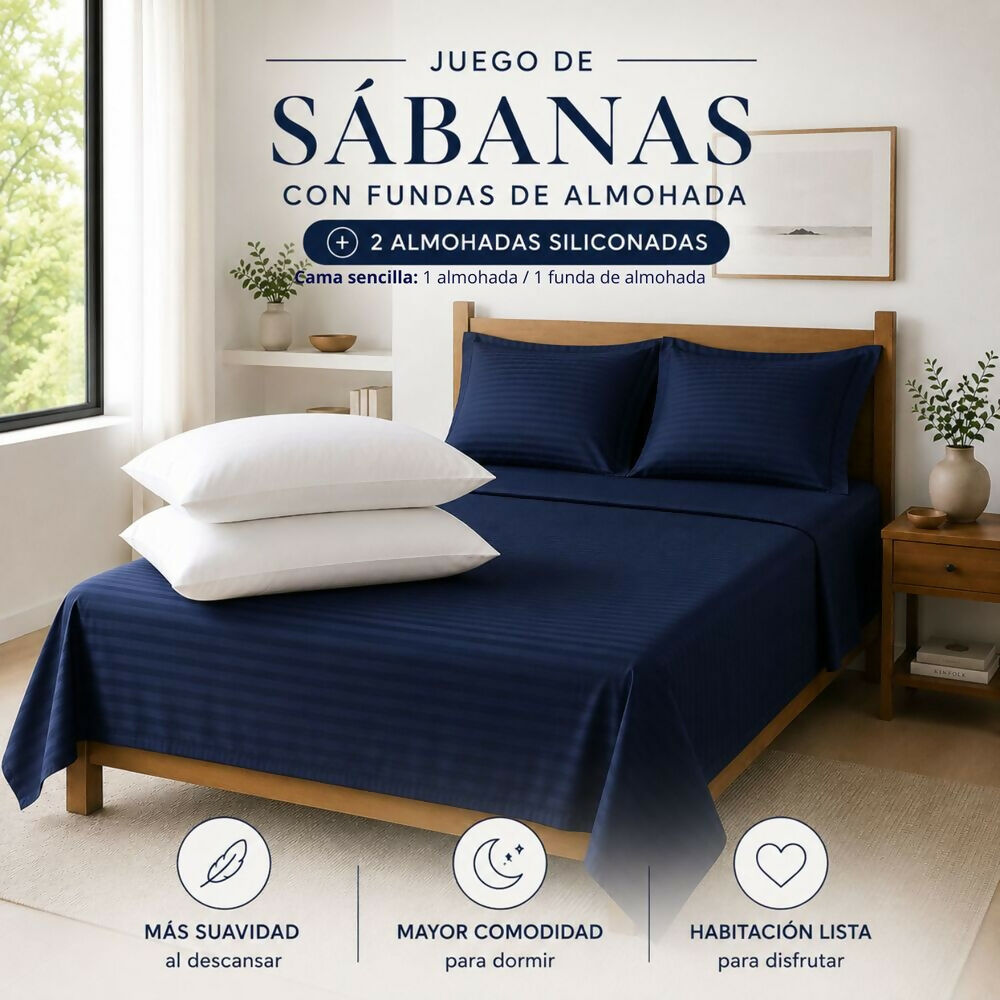 Combo Juego de sábanas + 2 almohadas siliconadas doble azul