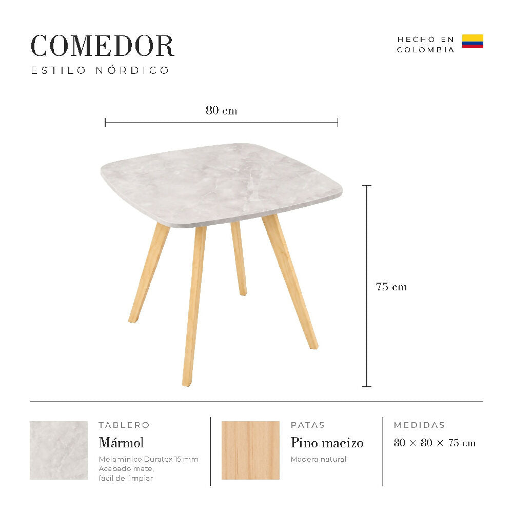 Comedor Nórdico Cuadrado Mármol 80