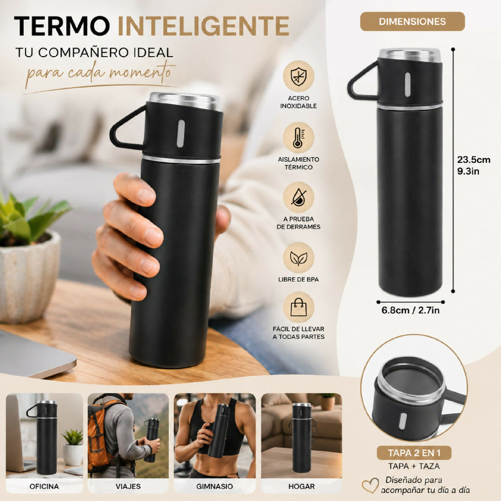 Termo De Acero Inoxidable Vacuum Flask 500ml Con 3 Tazas Vasos Incluidos Negro
