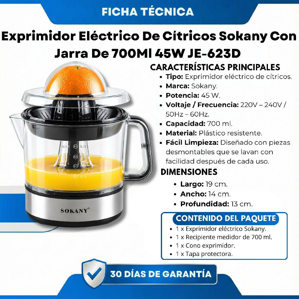 Exprimidor Eletrico De Cítricos Sokany Con Jarra De 700Ml 45W JE-623D