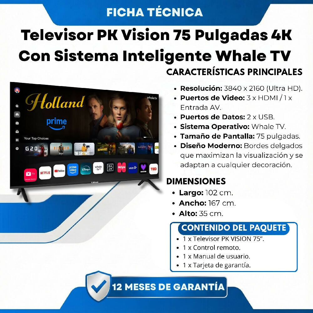 Televisor PK Vision 75 Pulgadas 4K Con Sistema Inteligente Whale TV