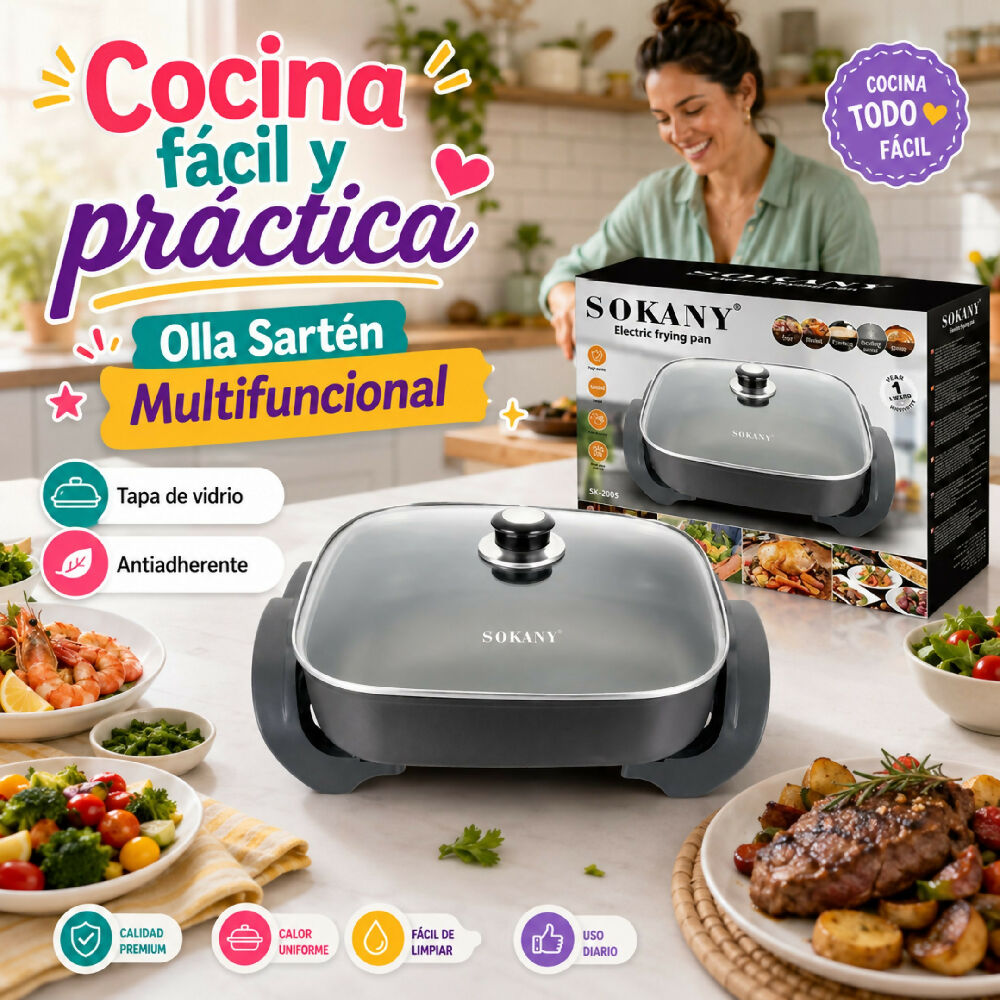 Olla Sarten Electrica Sokany Antiadherente Multiusos 1500W Multifuncional