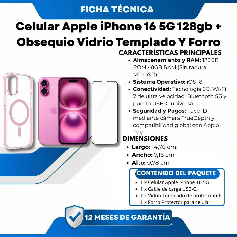 Celular Apple IPhone 16 5G 128gb 8gb RAM + Obsequio Vidrio Templado Y Forro Rosado