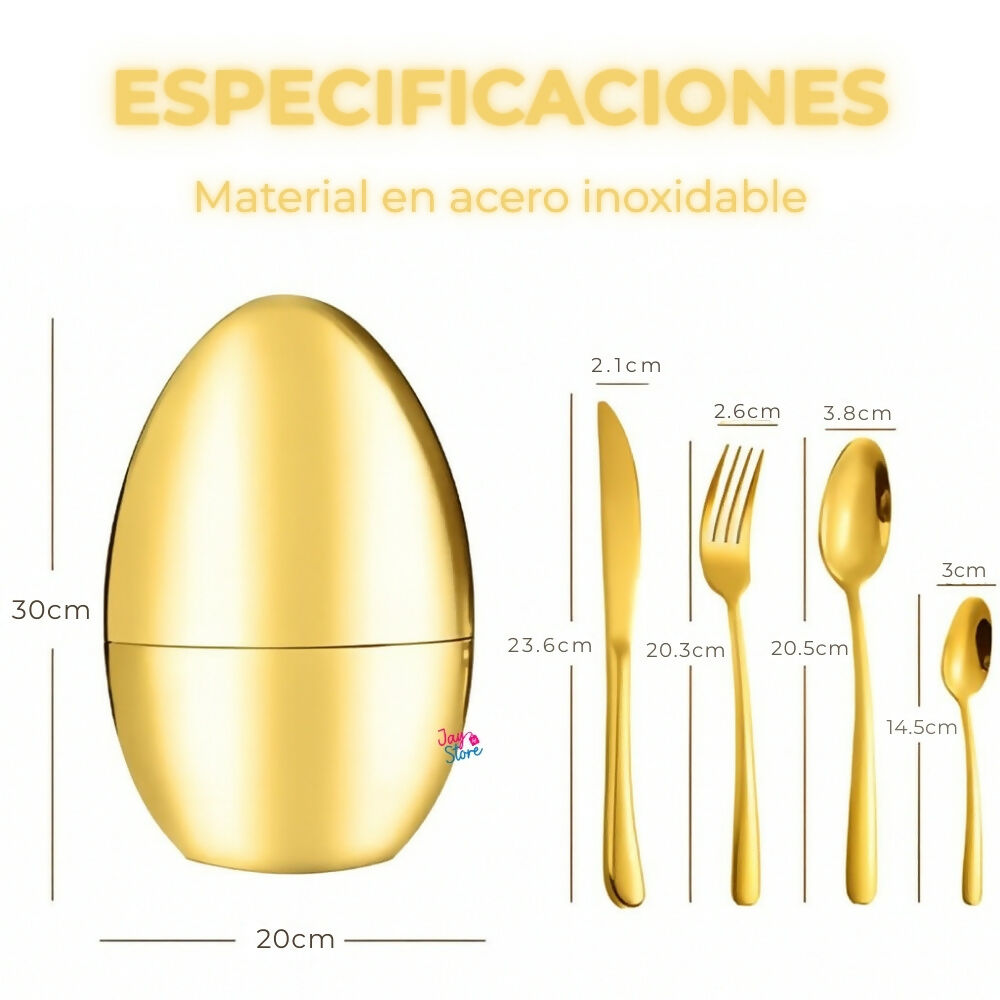 Cubiertos Set 24 Piezas Acero Inoxidable Estuche Huevo Gold