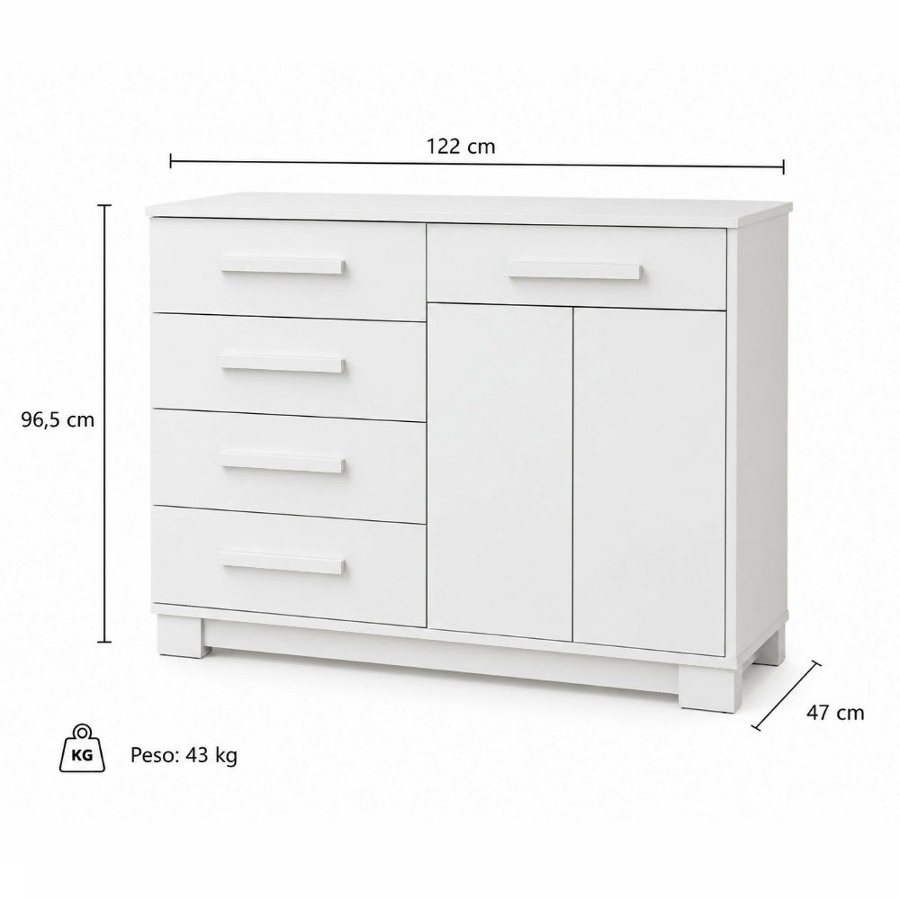 Cómoda 5 cajones 2 puertas Ginesta,  Blanco