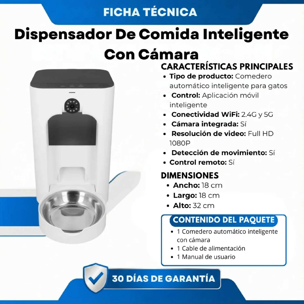 Dispensador De Comida Inteligente Con Cámara Full HD 1080P Conexión WiFi