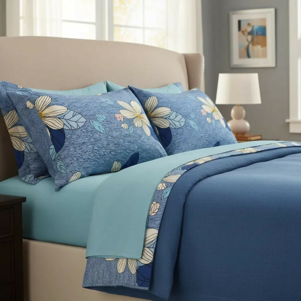 Juego de Sábanas Cama Doble 300 Hilos 100% Algodón Magnolia Azul