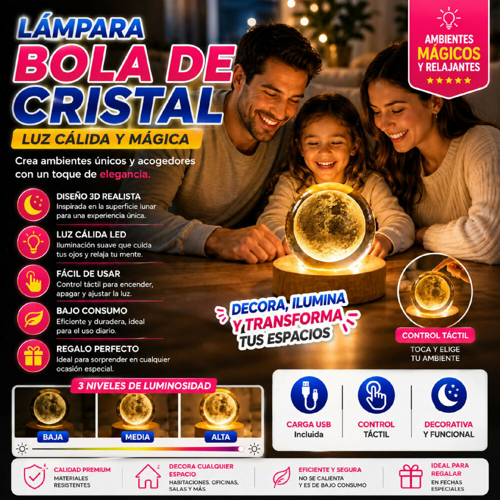 Lámpara Proyector Bola De Cristal LED Con Base Madera Conexión USB