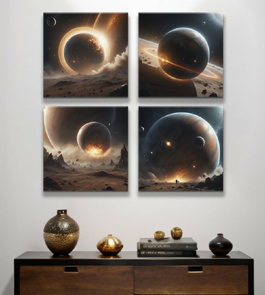 Lienzo Cuadros Arte Astronómico De Planetas Set X 4 de 43x43cm c/u