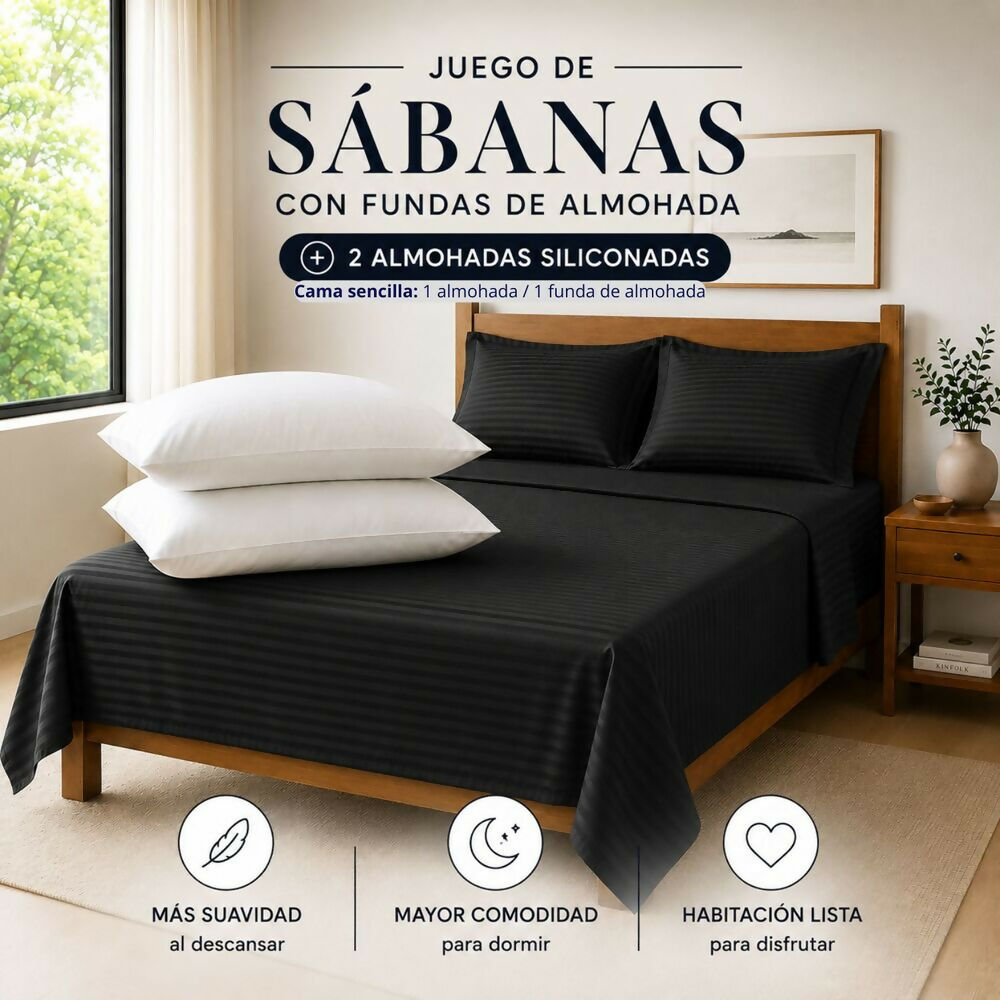 Combo Juego de sábanas + 2 almohadas siliconadas semidoble negro