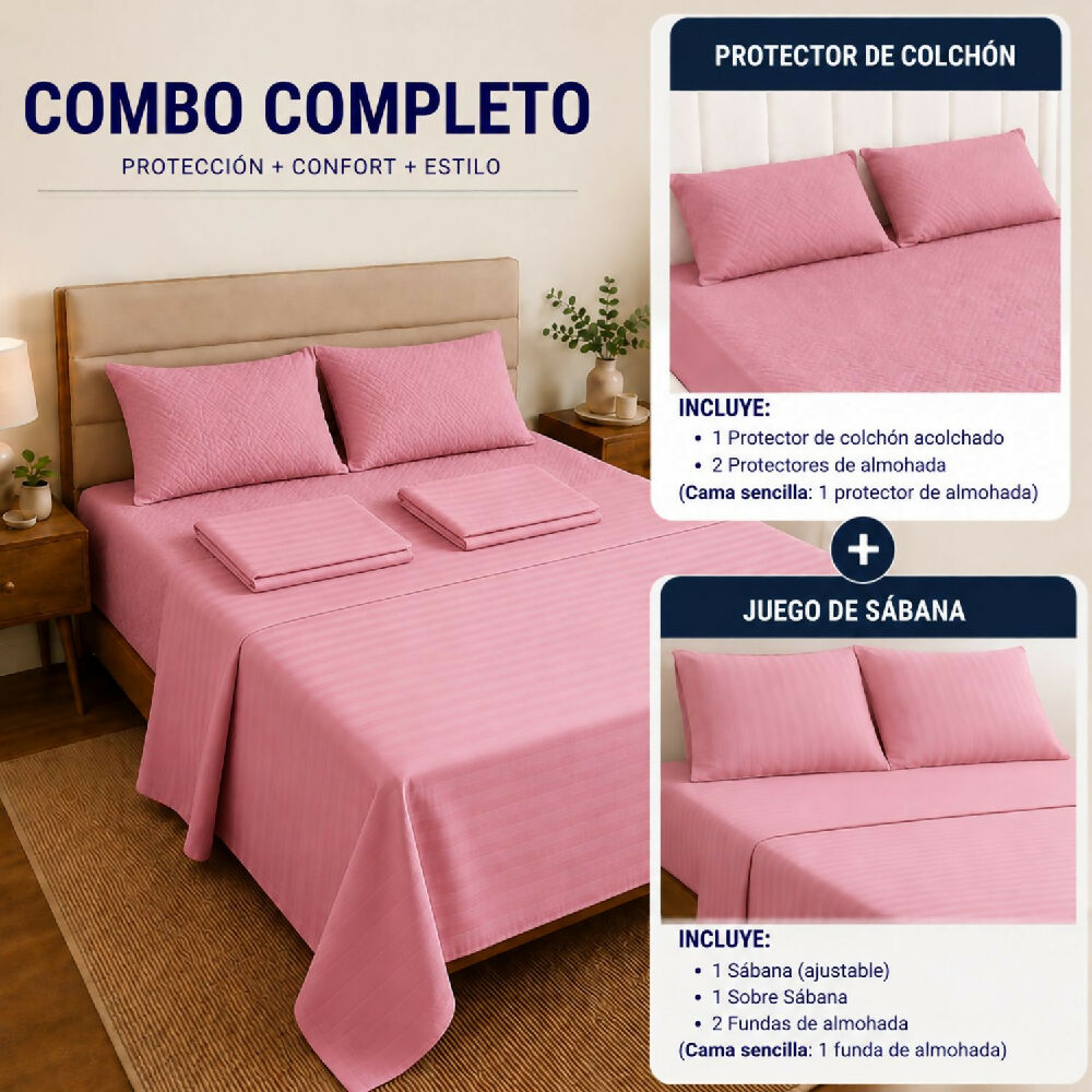 Combo protector colchon + Juego de sábanas queen rosado