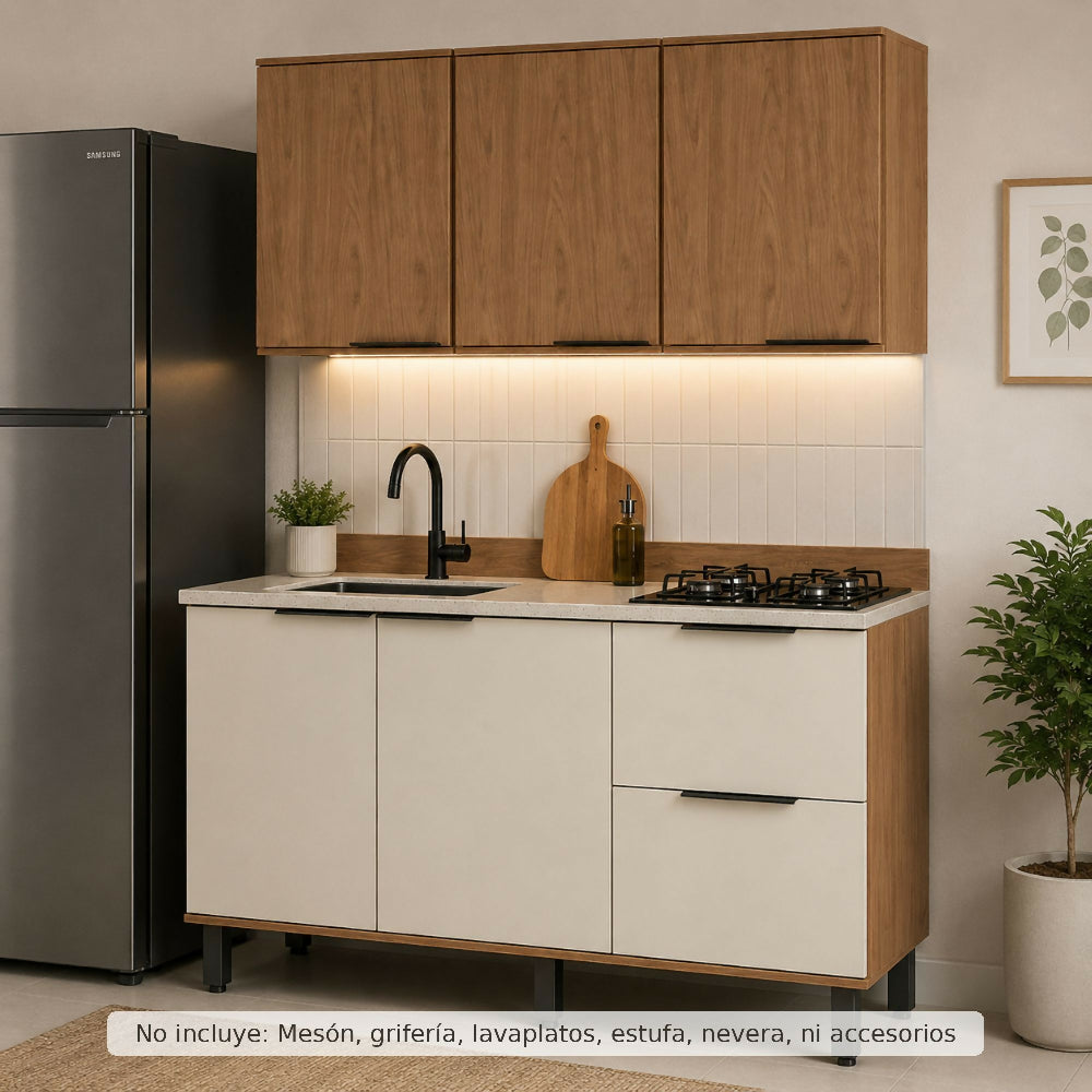 Cocina 120 cm Dominica 5 Puertas 2 Cajones - Natural/Blanco Apagado