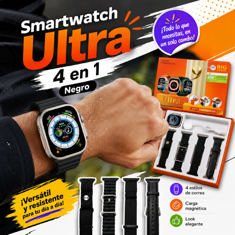 Smartwatch Ultra 4 En 1 Pantalla 2.03" Con 4 Correas Intercambiables