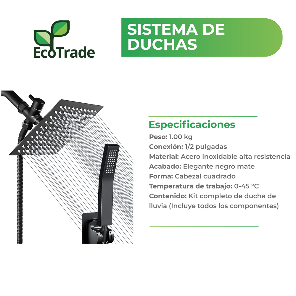 Ducha Lluvia Acero Inoxidable Negro mate Manguera Flexible