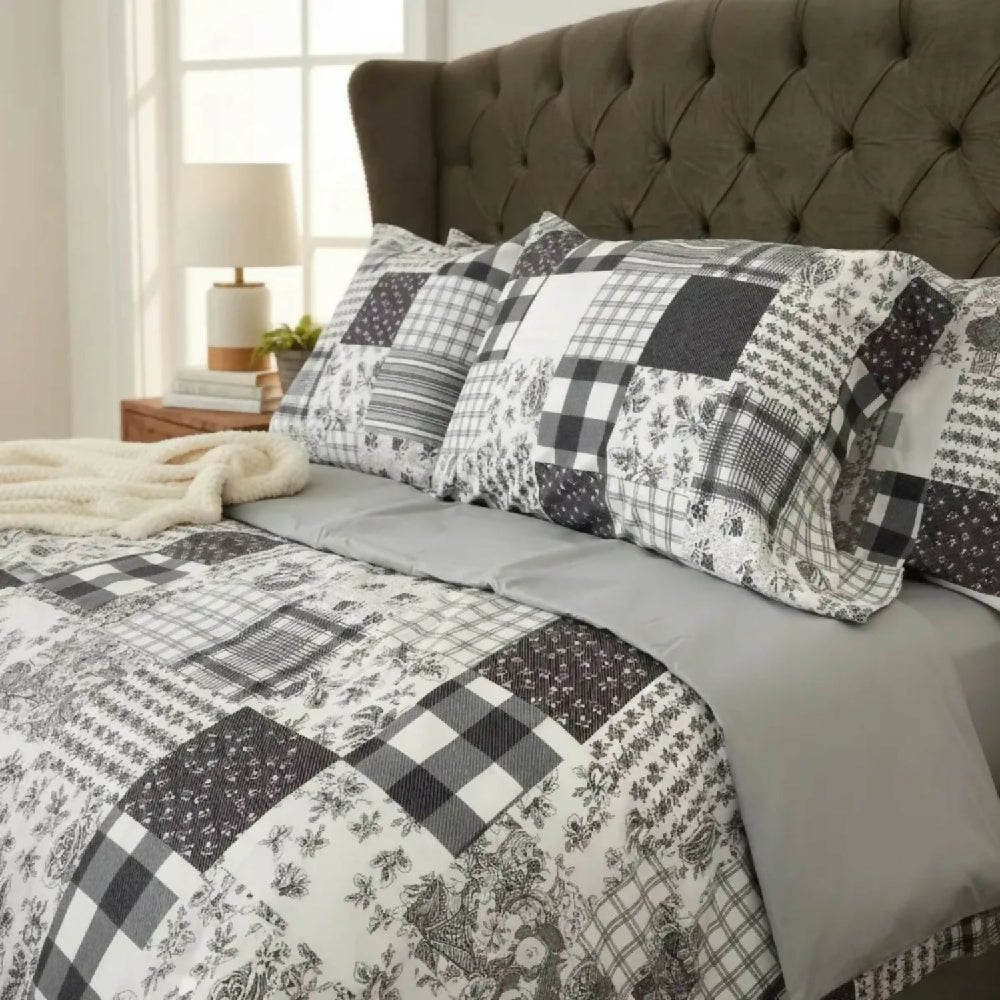 Juego de Sábanas Cama Doble 300 Hilos 100% Algodón Patchwork Gris Suave