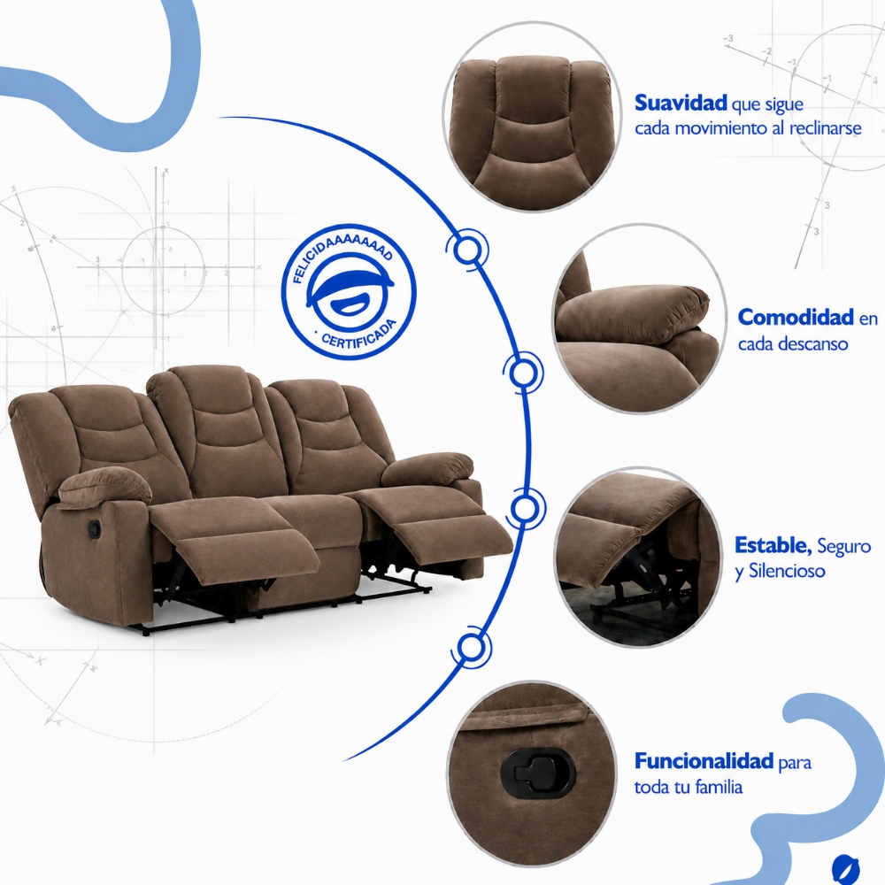 Sofá Reclinable 3 Puestos Color Café Kalerin Premium