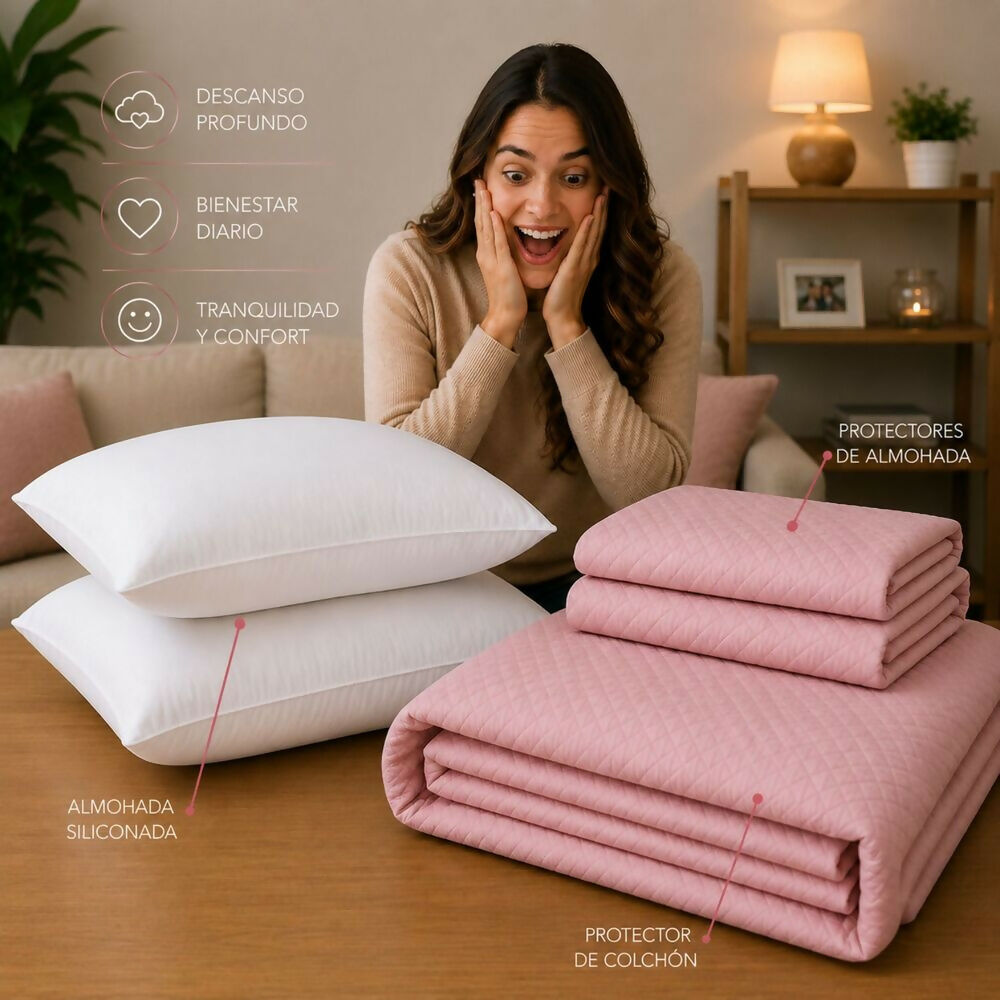 Combo protector colchon + 2 almohadas siliconadas doble rosado