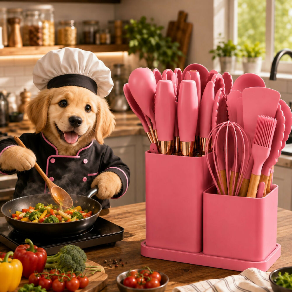 Set De Utensilios Y Cuchillos De 19 Piezas Silicona Antiadherente Y Acero Inoxidable Rosa