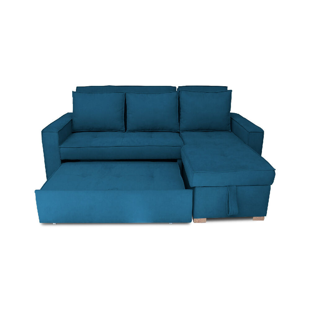 Esquinero Baúl Marsella Multifuncional Reclinable Derecho Azul Petróleo + Cojines Decorativos