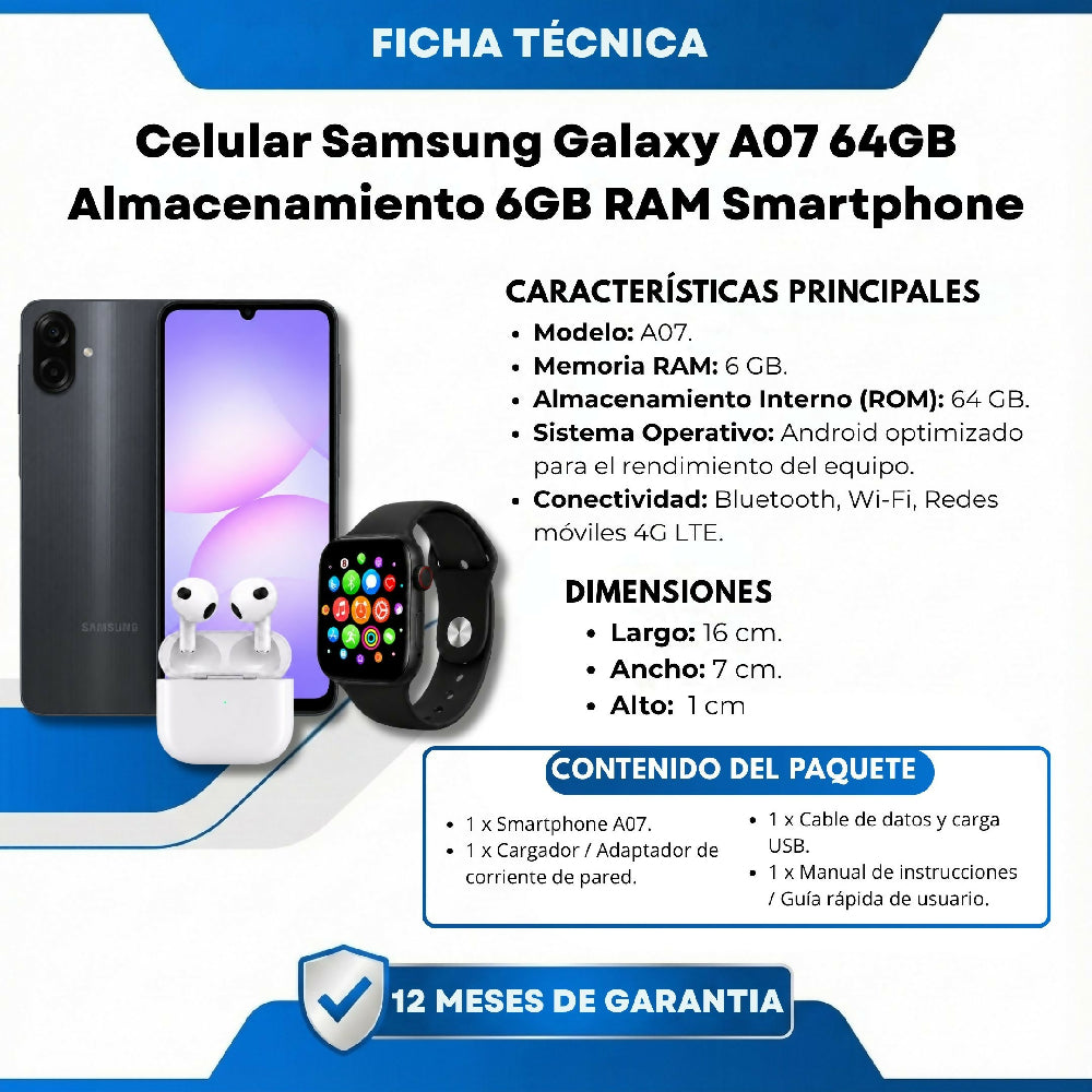 Celular A07 64GB Batería Larga Duración + Obsequio Audífonos Y Smartwatch Negro