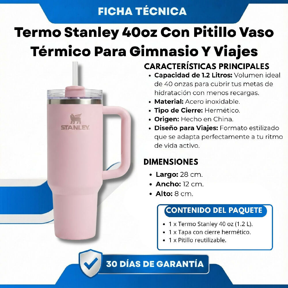 Termo Stanley 40oz Con Pitillo Vaso Térmico Para Gimnasio Y Viajes Palo Rosa