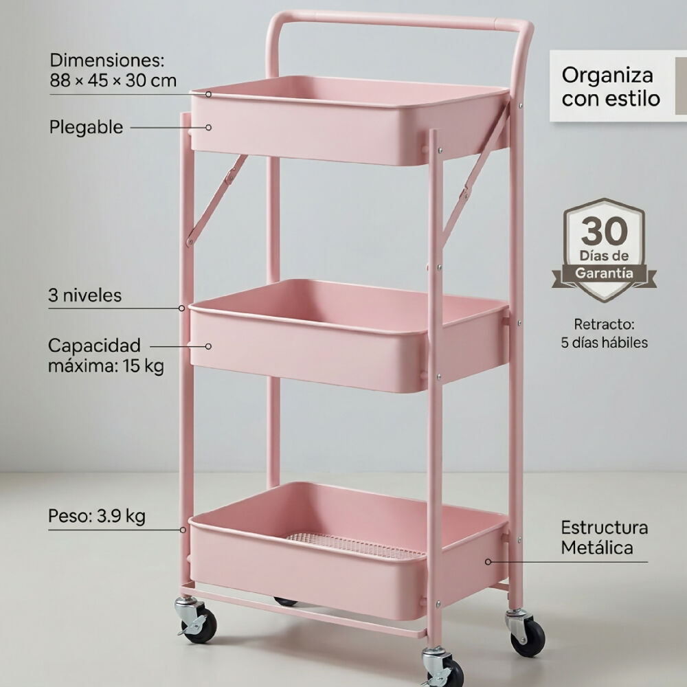 Organizador Metálico Plegable OR08 Con Ruedas Carrito Multiusos De 3 Niveles Para Cocina Y Hogar