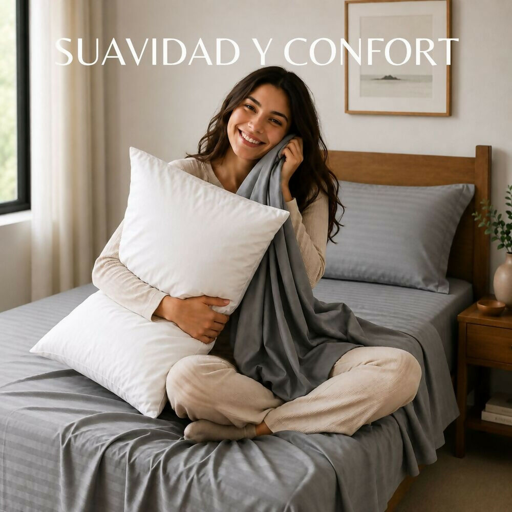 Combo Juego de sábanas + 2 almohadas siliconadas queen gris