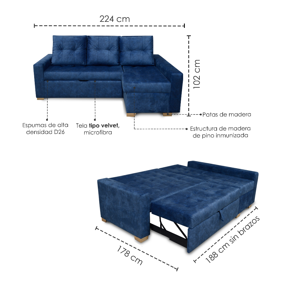 Esquinero Sofá Cama Carson Tela Azul