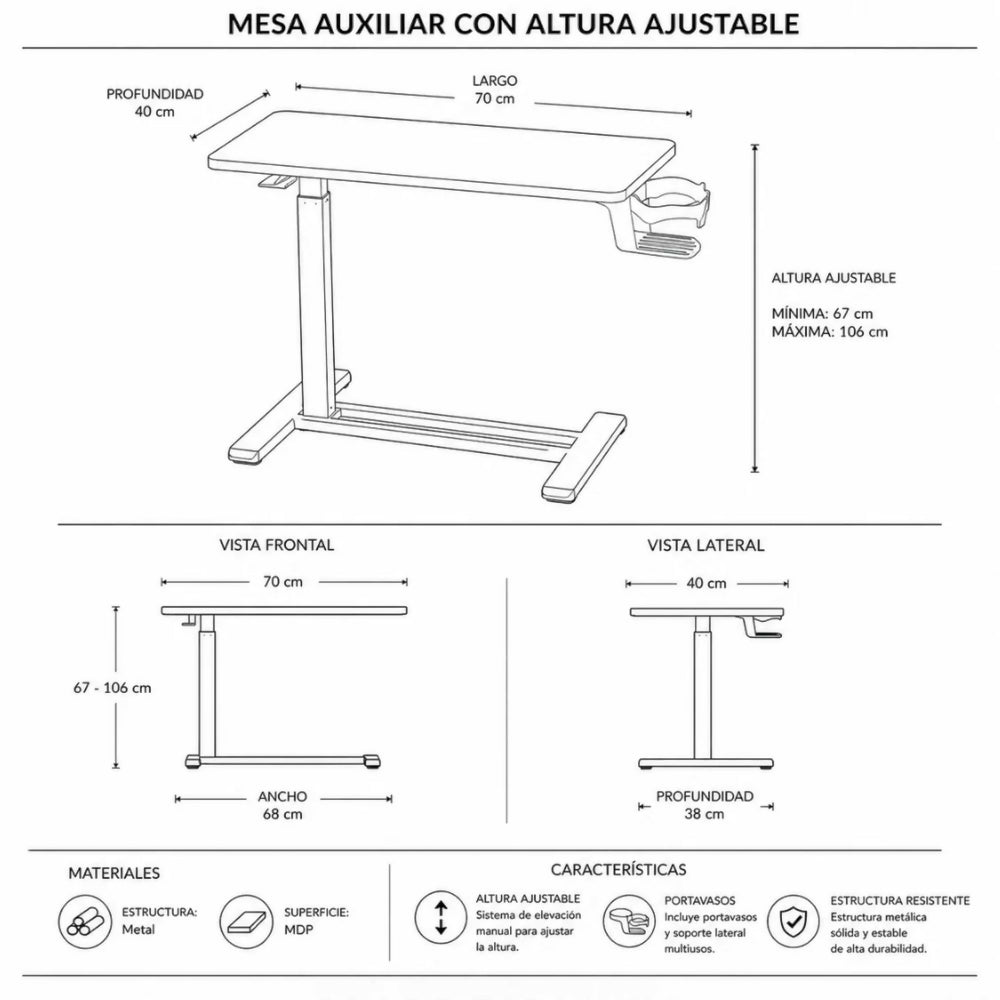 Mesa Auxiliar Ajustable Negra Ellevare