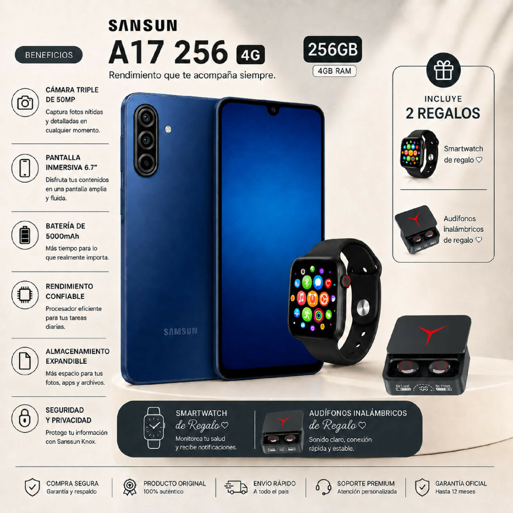 Celular Samsung A17 256GB 4G + Obsequio Audífonos Y Smartwatch Azul