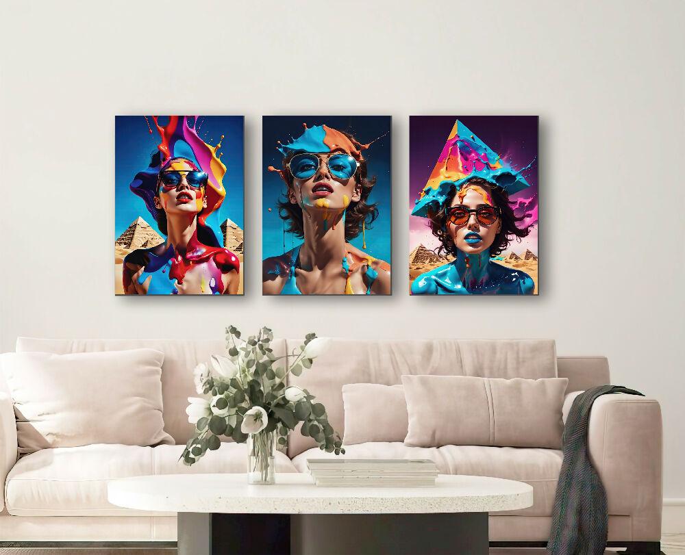 Lienzo Tríptico Arte Pop Mujeres A Color Set X 3 de 60x43cm c/u