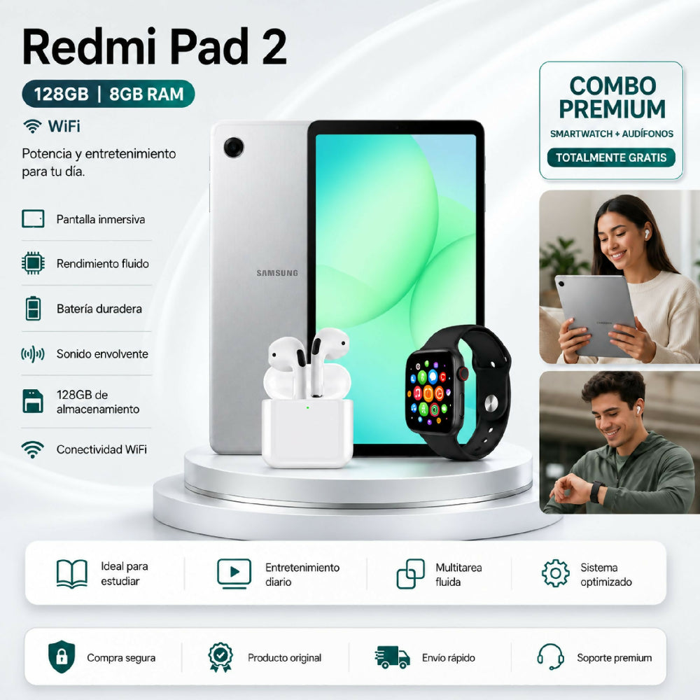 Tablet Samsung Tab A11 8" 128GB 8GB RAM + Obsequio Audífonos Y Smartwatch Negro