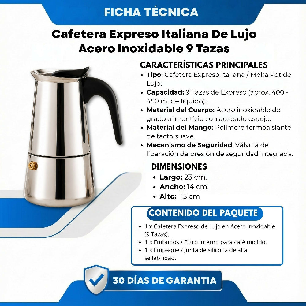 Cafetera Expreso Italiana De Lujo Acero Inoxidable 9 Tazas