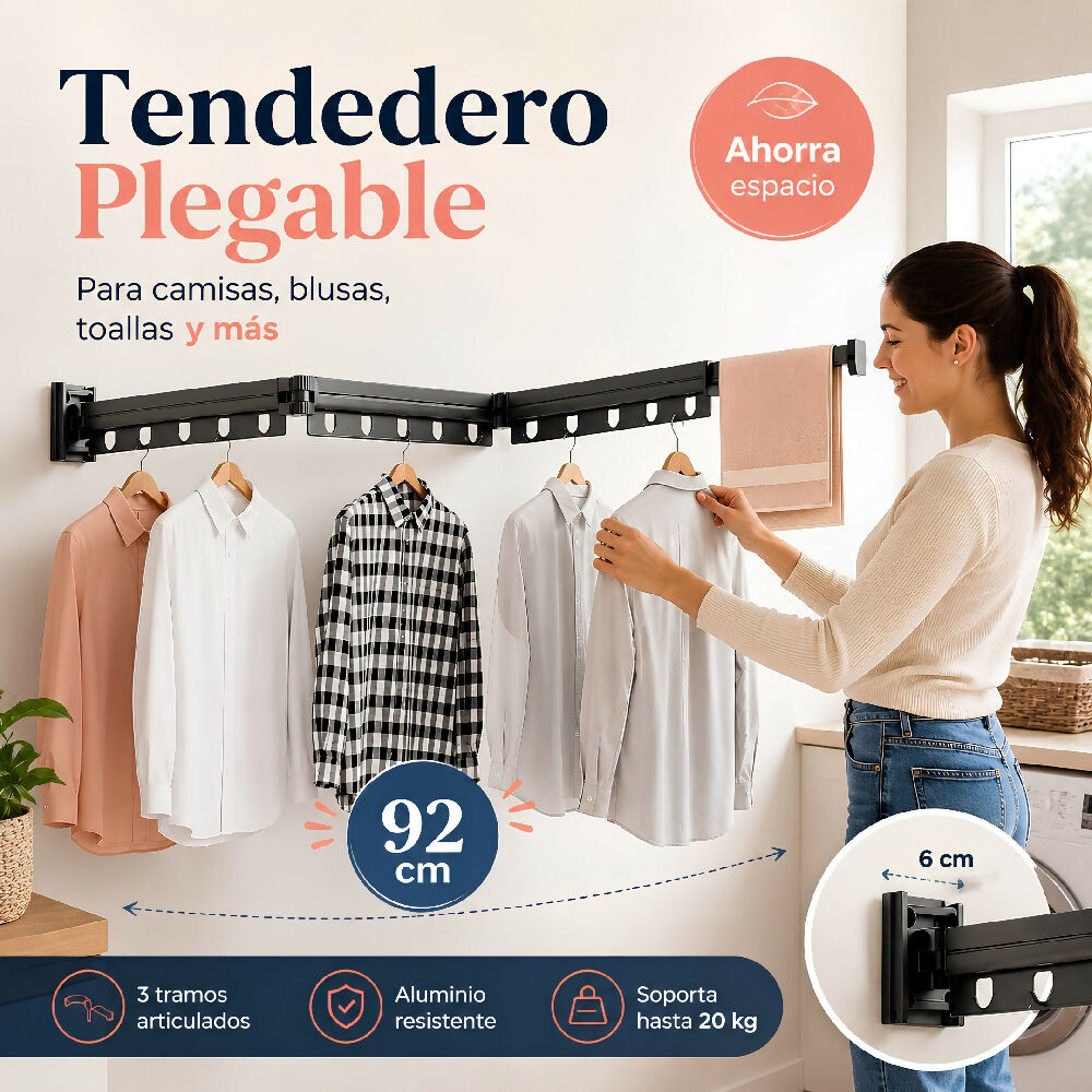 Tendedero Plegable De Pared En Aluminio 92 Cm Retractil Para Ropa