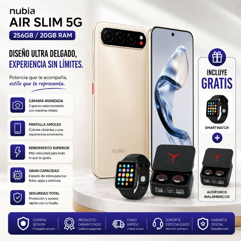 Celular Nubia Air 5G 256GB Dorado Combo Con Smartwatch Y Audífonos Gratis
