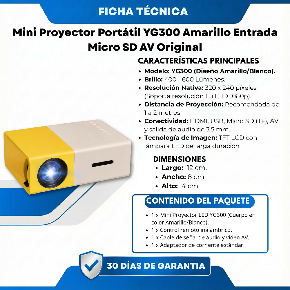 Mini Proyector Portátil YG300 Amarillo Entrada Micro SD AV Original