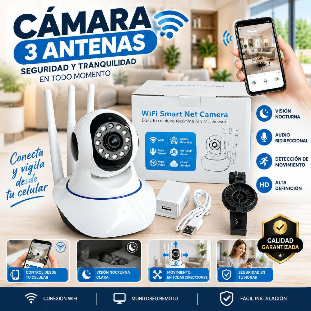 Cámara De Seguridad IP WiFi 3 Antenas Con Monitoreo Remoto Desde App Y Detección De Movimiento