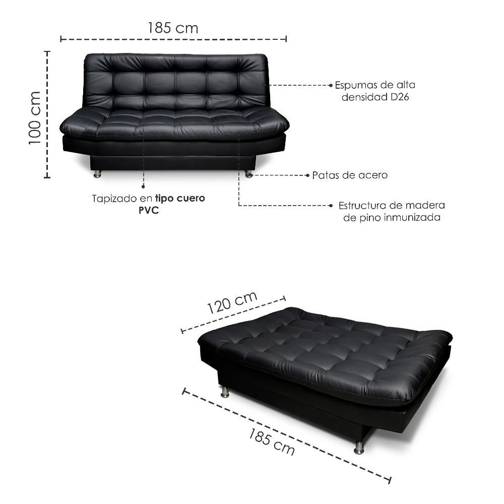 Sofa cama 3 posiciones Carvallo Plain Tipo Cuero Negro