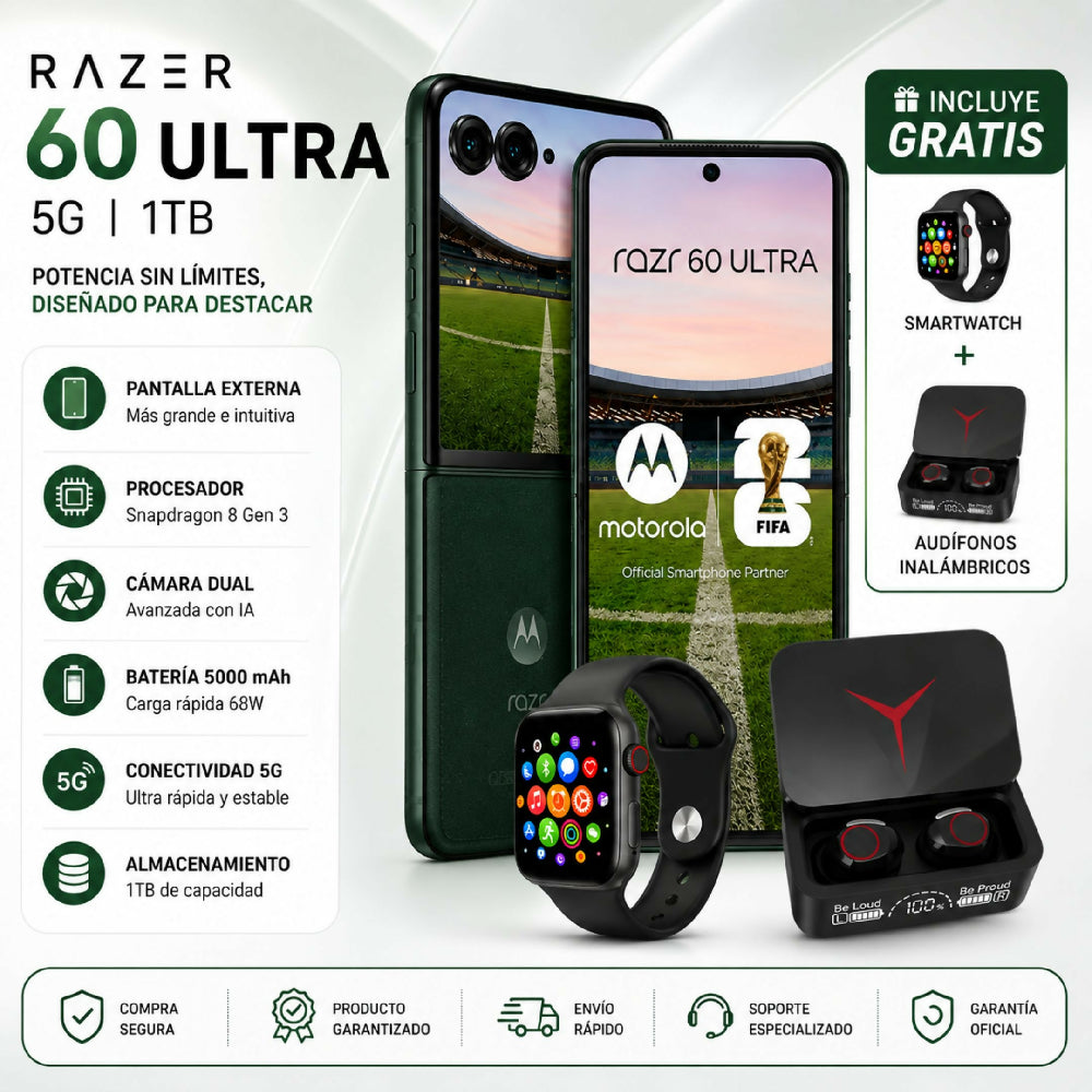 Teléfono Motorola Razr 60 Ultra 1TB Verde + Kit Regalo Reloj Inteligente Y Audífonos
