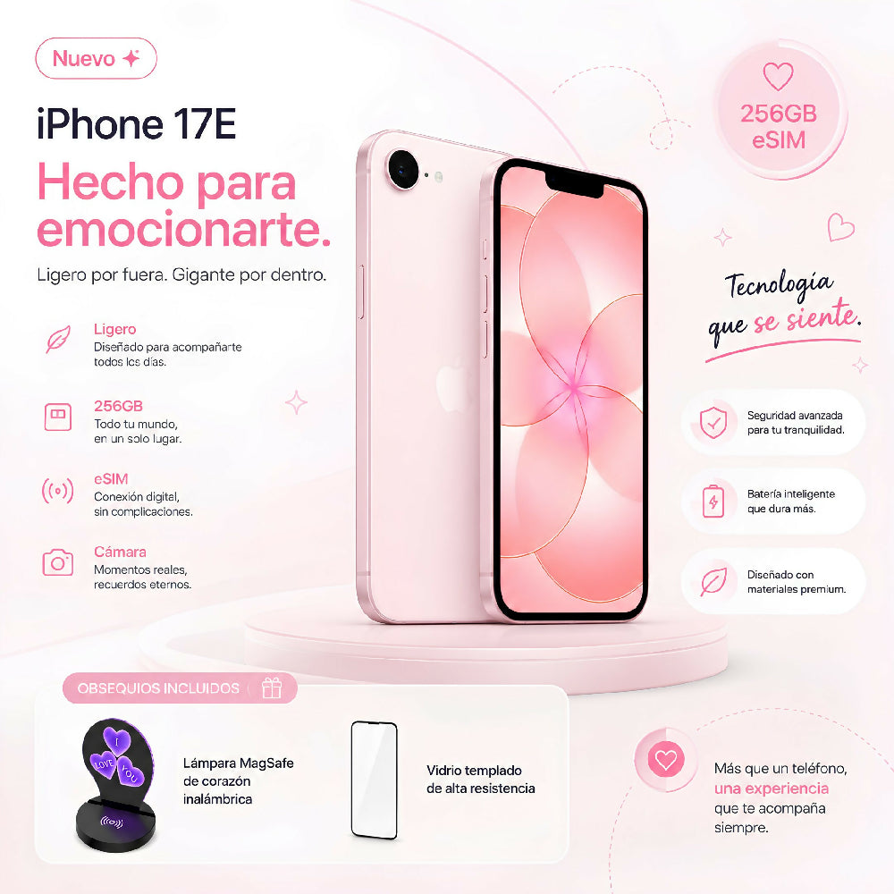 Celular Apple IPhone 17e 256gb ESim + Obsequio Lámpara Corazón 3D MagSafe Y Vidrio Palo Rosa