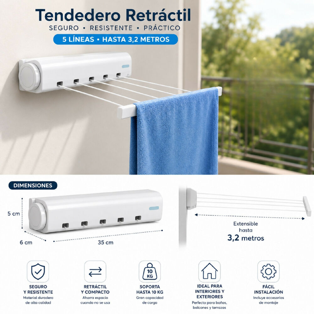 Colgador Tendedor De Ropa De Pared Con 5 Cuerdas Extensibles Hasta 3.2 Metros