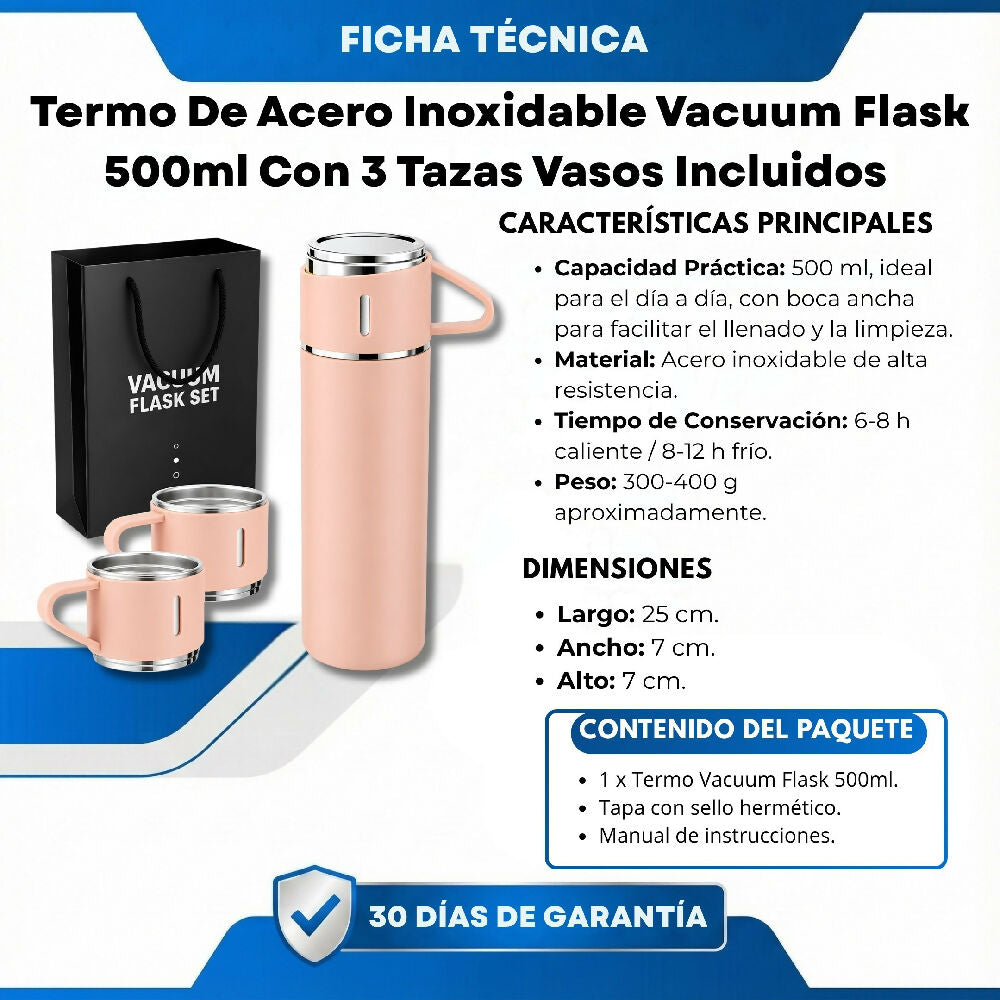 Termo De Acero Inoxidable Vacuum Flask 500ml Con 3 Tazas Vasos Incluidos Rosado