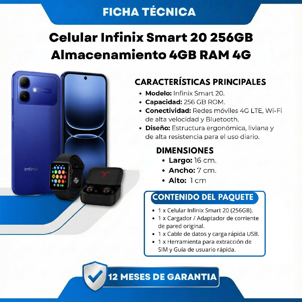 Celular Infinix Smart 20 256GB 4GB RAM Azul + Audífonos Y Reloj Obsequio