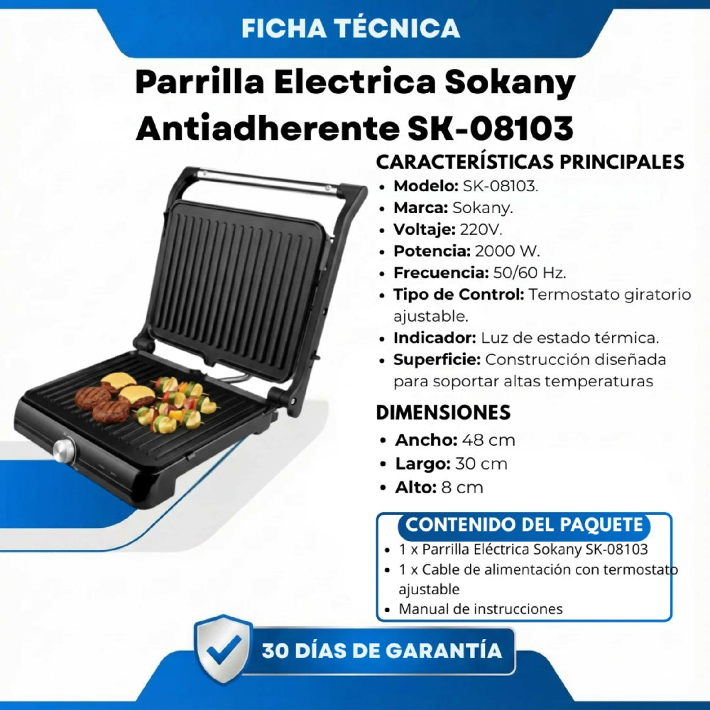 Parrilla Electrica Sokany Antiadherente SK-08103 De Acero Inoxidable Con Placas De Doble Cara