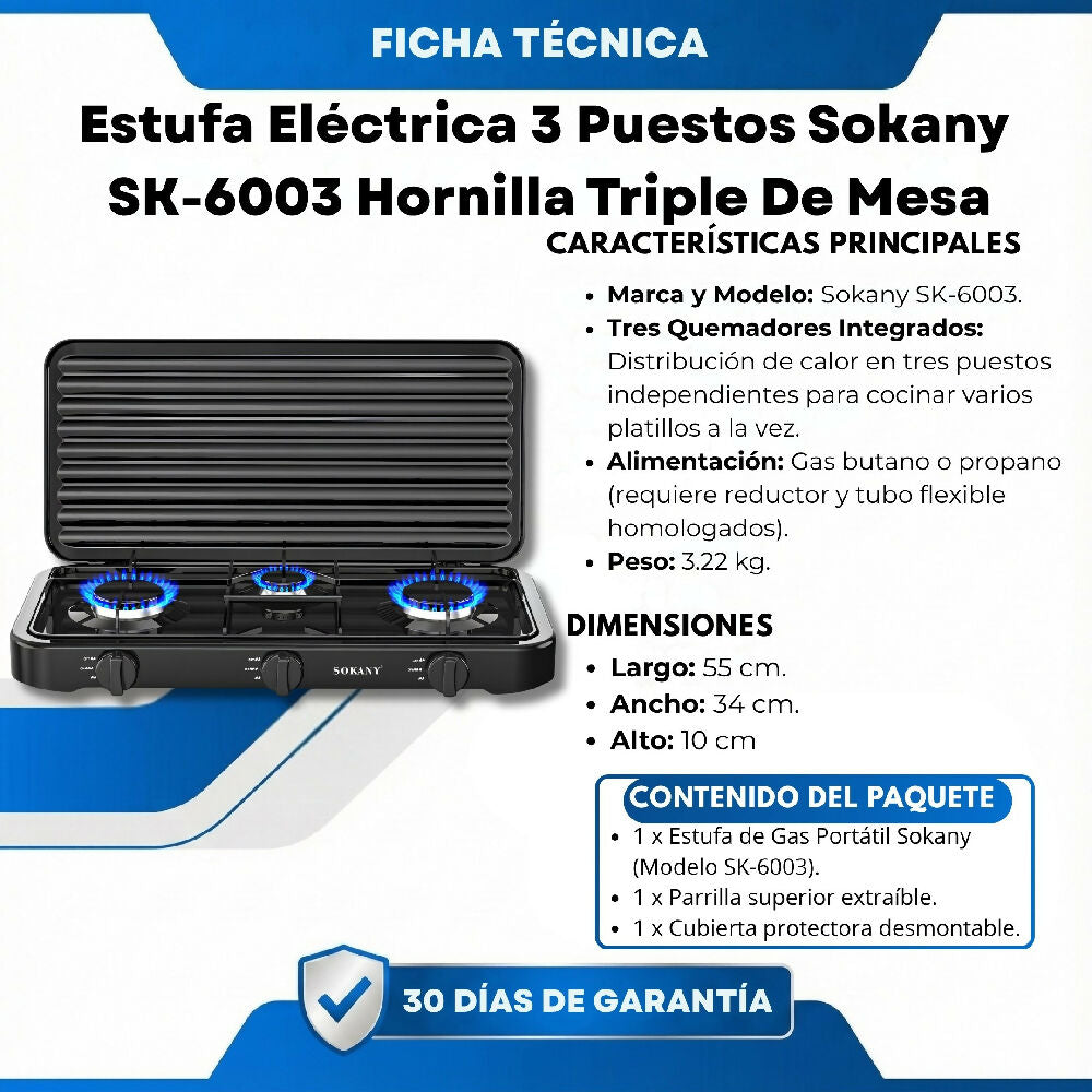 Estufa Eléctrica 3 Puestos Sokany SK-6003 Hornilla Triple De Mesa