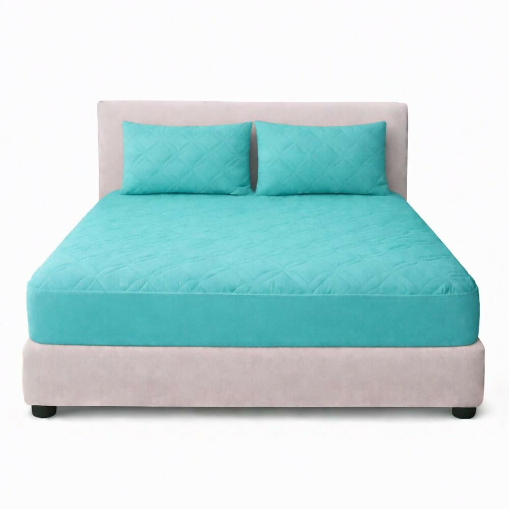 Combo protector colchon doble acolchado turquesa140x190cm