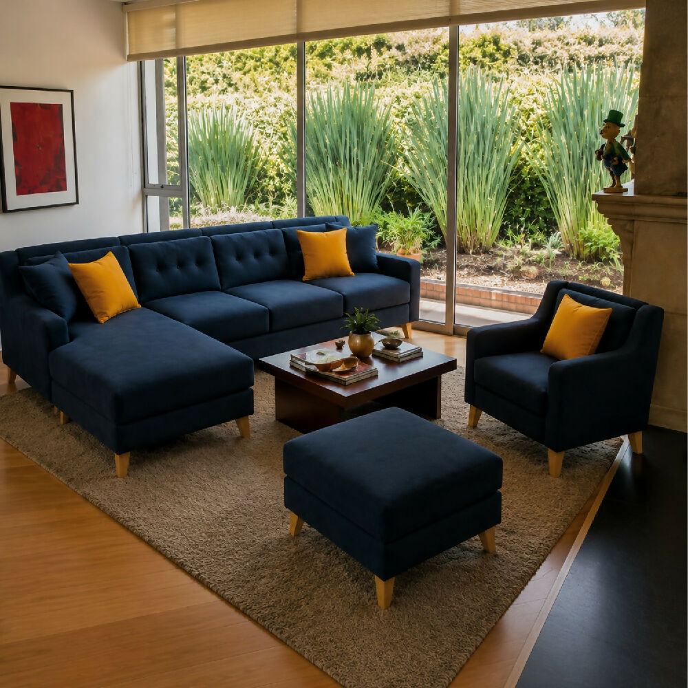 Sofá en L Texas Izquierdo con Poltrona Tela Antifluidos Azul 4 Puestos 260x75x80
